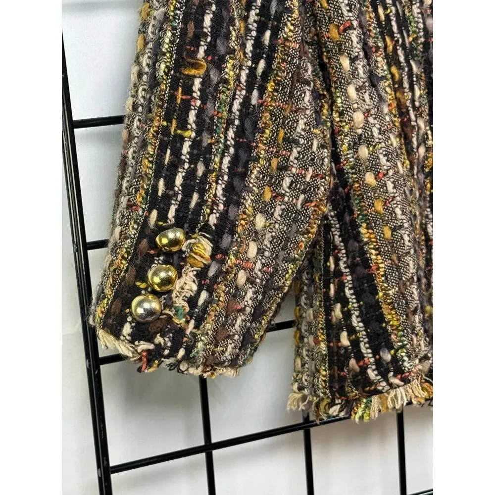 Cabi Paris Wool Blend Boucle Tweed Fringe Blazer Jacket Womens Brown S Boho‎
